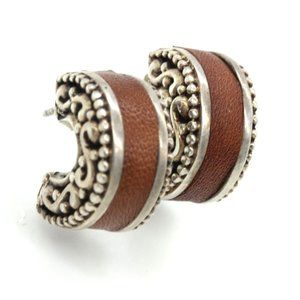 925 STERLING half hoop earrings,scroll work, leather inlay VINTAGE 15.1gr